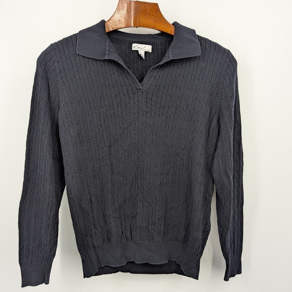 Kim Rogers XL 100% Cotton Collared Knit Sweater Navy Blue Cable Pullover Top